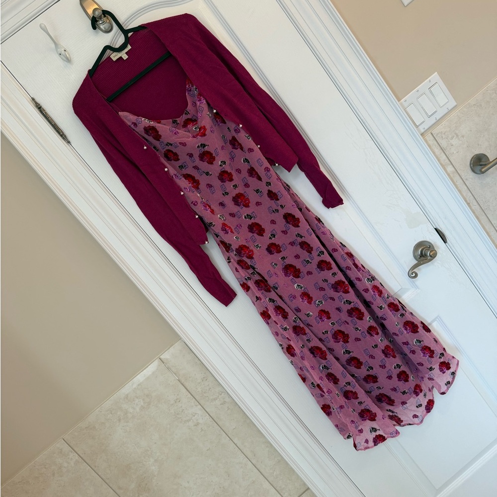 Vibrant Pink Floral Maxi Dress with Cardigan